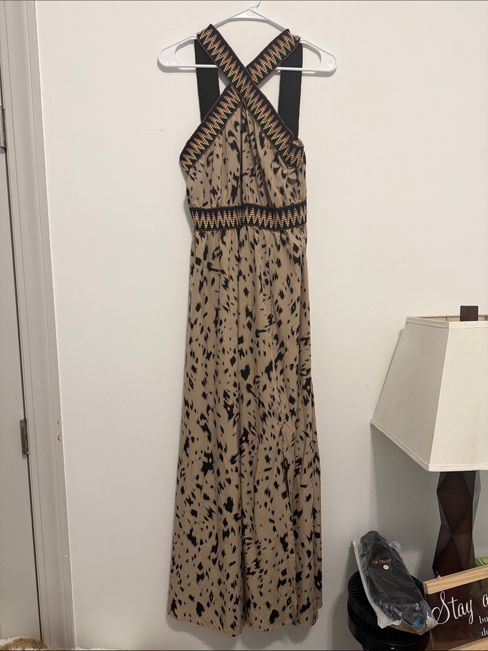 SHEIN Beige and Black Printed Halter Maxi Dress with Embroidered Trim